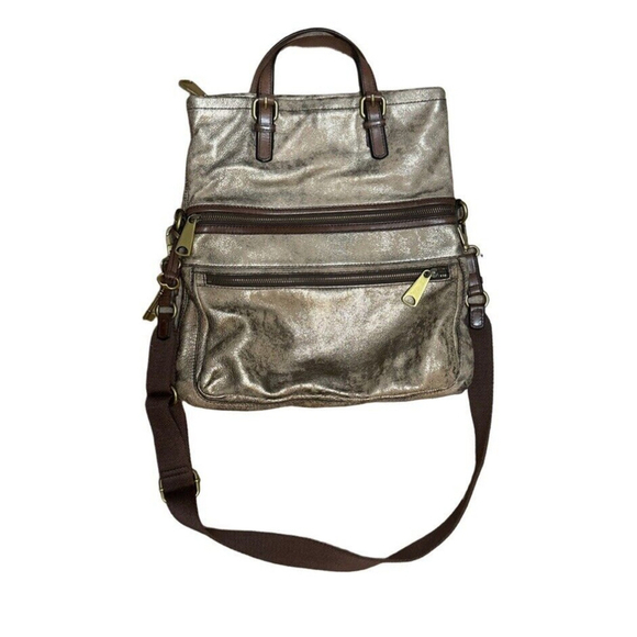 Fossil Handbags - Fossil Explorer XL Metallic Leather Fold Over Crossbody Hobo Tote Shoulder Bag